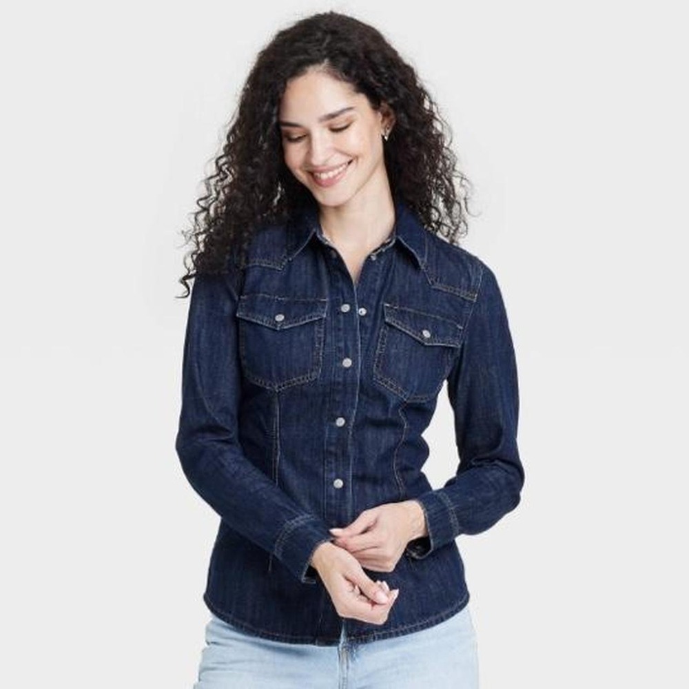Universal Thread Women's Long Sleeve Slim Tailored Dark Wash Denim Western Top